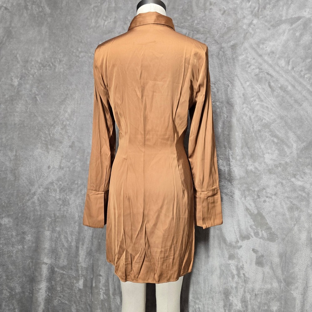 Abercrombie Fitch Gold Brown Mini Dress Satin Long Sleeves Button Front Medium - Picture 3 of 11